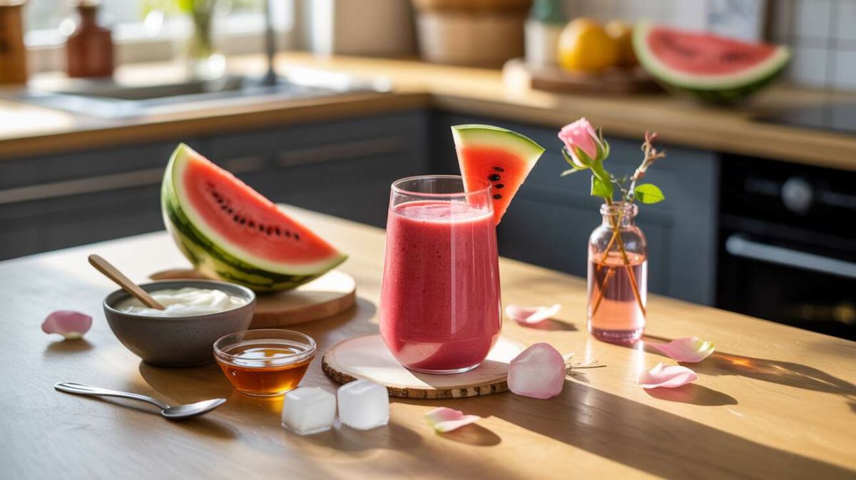 Un smoothie léger à la pastèque et à l'eau de rose pour un été rafraîchissant