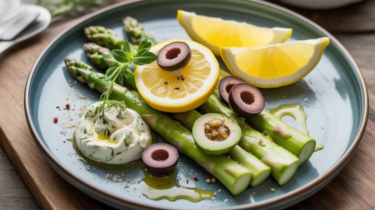 Recette : asperges vertes aux olives, citron et fromage frais aux herbes