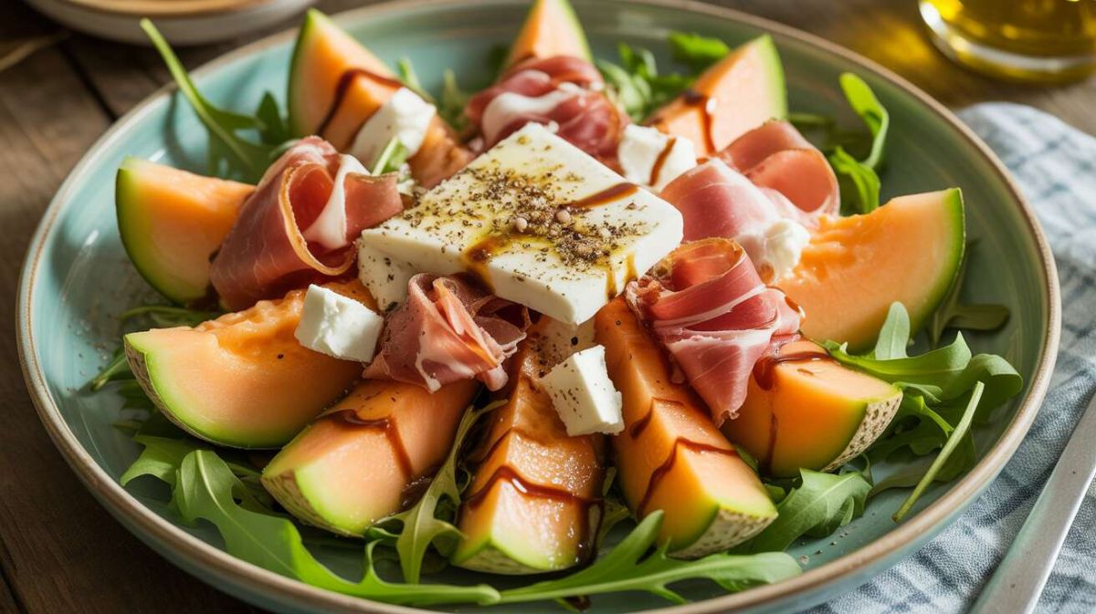 Une salade estivale à savourer : melon, jambon cru et fromage de brebis