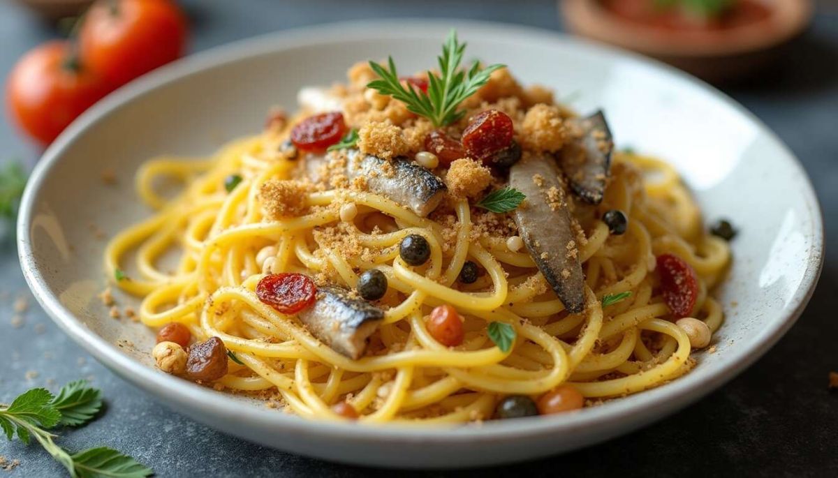 Une invitation à savourer les spaghettini siciliens aux sardines