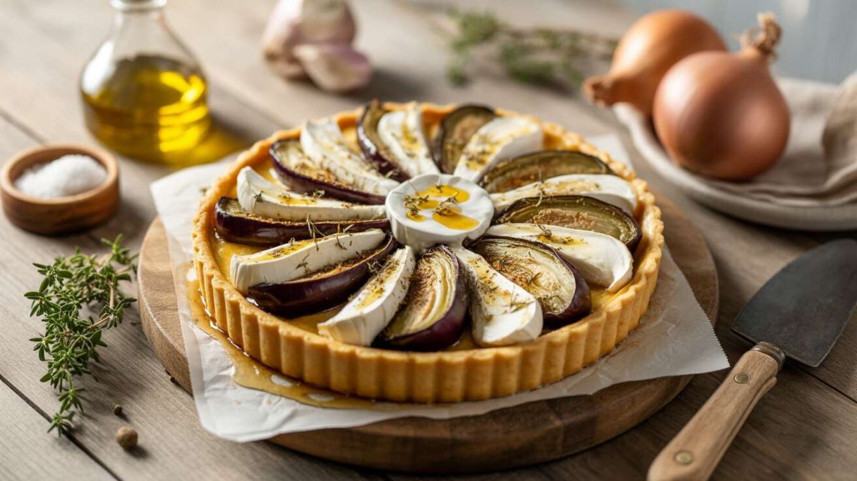 Une tarte gourmande au chèvre et légumes caramélisés