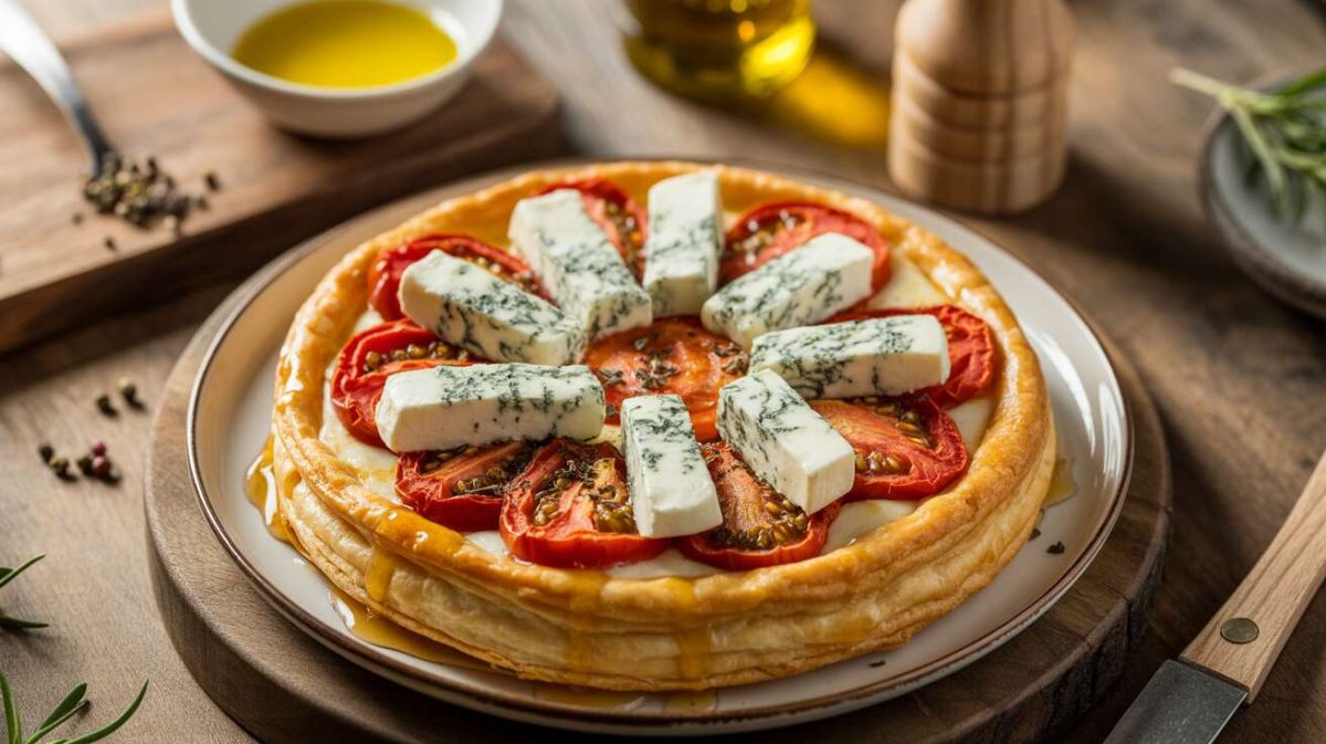 Une tarte fine tomate et fromage bleu qui ravit les palais