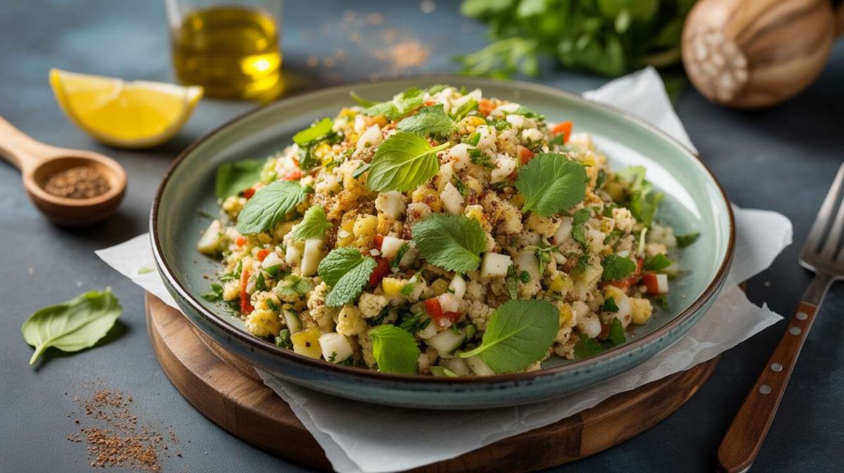 Une recette colorée de taboulé de chou-fleur, léger et sans gluten