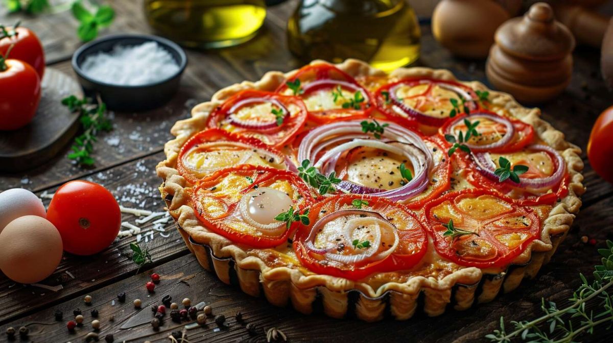 Une quiche à la tomate et aux oignons pour un dîner ensoleillé