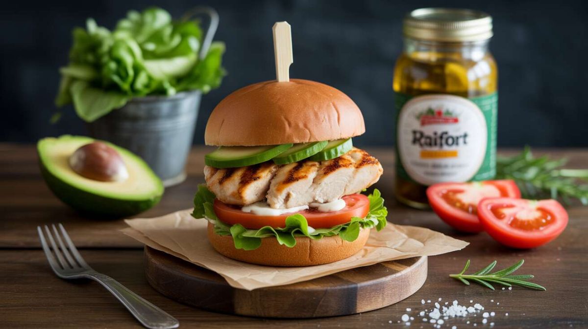 Savoureux burger léger au poulet et avocat avec une touche de raifort